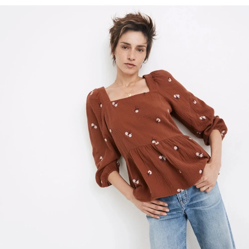 Madewell Amie Floral Embroidered Lightspun Millbrook Puff-Sleeve Peplum Top XS